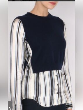 Veronica Beard Navy Cropped Sweater Vest Black Striped Shirt size XS